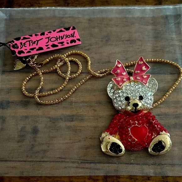 New Betsey Johnson Pink and Red Teddy Bear Pendant - Picture 2 of 4